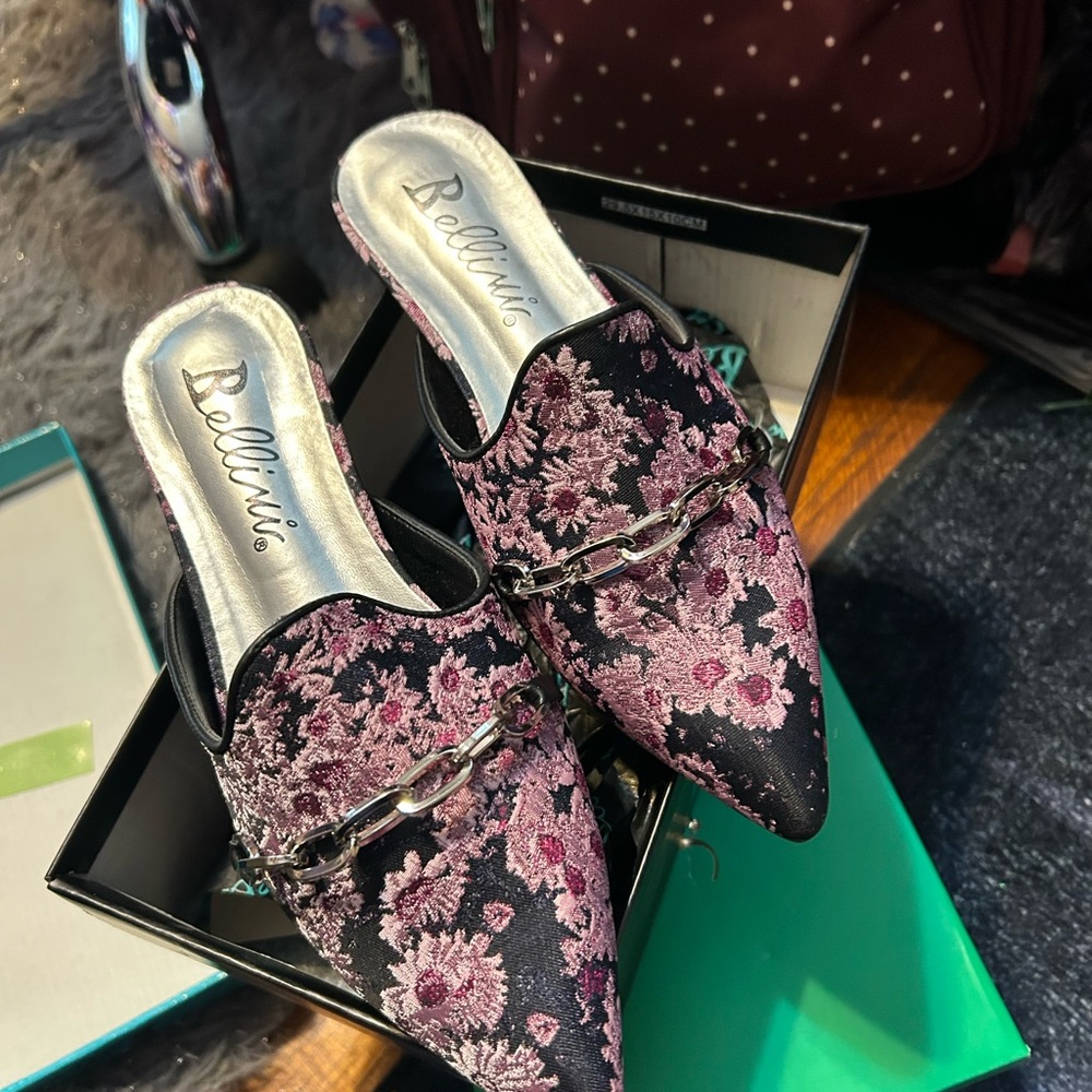 Bellini Black and Pink Mules with Ornate Design